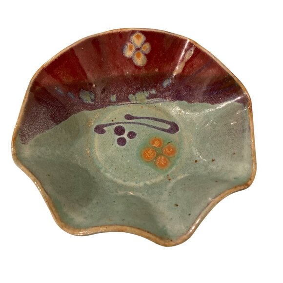 Signed Art Studio Pottery Bowl Dish Purple Bluish Green - Picture 2 of 7